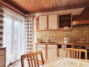 a kitchen with a table and chairs and a window at Guesthouse Schoba Typ D in Kirchbach