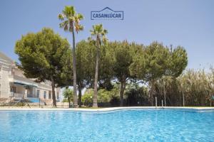 Una gran piscina con palmeras al fondo. en Apartamento los jardines, en Sanlúcar de Barrameda