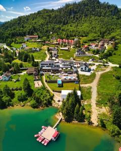 an aerial view of a resort on a lake at Hotel Roser House Boutique - pe malul lacului Colibita in Colibiţa