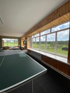 a room with a ping pong table and windows at Opushka in Vorobʼyëvka