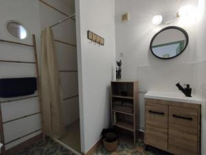 een badkamer met een wastafel en een spiegel bij La ferme des sorciers in Agnez-lès-Duisans +1 foto