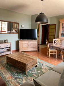 salon z telewizorem z płaskim ekranem i stolikiem kawowym w obiekcie Maison accueillante avec vue sur la mer à Grosseto-Prugna w mieście Grosseto-Prugna