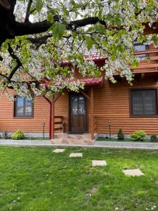 una casa di legno con un albero davanti di Casa DanAdy a Sibiu