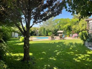 a green yard with a tree and a pool at Krásny štýlový dom v Rovinke in Rovinka