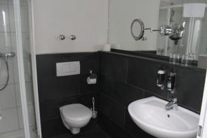 a bathroom with a toilet, sink, and mirror at Hotel am Hirschgarten in Filderstadt
