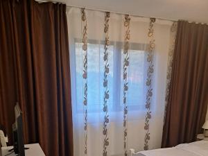 a bedroom with a curtain and a bed at Apartament Teo in Iaşi