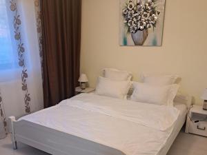 a bedroom with a white bed with white sheets and pillows at Apartament Teo in Iaşi