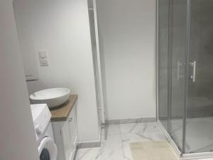 a bathroom with a glass shower and a sink at La nuit étoilée in Rocroi