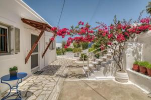 cortile con fiori rosa e tavolo e sedie di Villa Manios Glisidia sea view a Kampos Paros