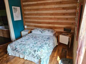 a bedroom with a bed and a wooden wall at Brindepaille in Vallon-Pont-dʼArc