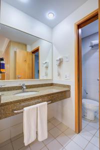 a bathroom with a sink and a mirror and a toilet at Comfort Franca in Franca