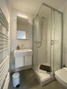 a bathroom with a glass shower and a sink at Altstadt-Apartment in Bad Laasphe