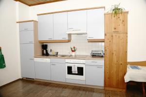 a kitchen with white cabinets and a sink at Bio-Bauernhof Haunschmid in Ardagger Markt