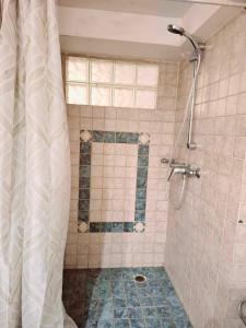a bathroom with a shower with a shower curtain at Lefkada Eli's amazing beach house in Nikiana +22 photos