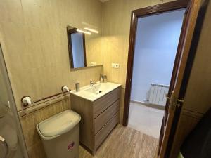 a bathroom with a toilet and a sink and a mirror at Atico in Tomelloso +22 photos