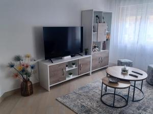 a living room with a flat screen tv and a table at Anduriña in Moaña