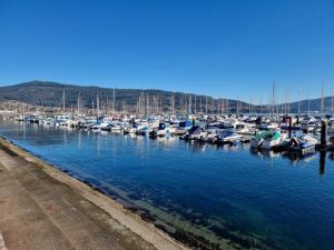 a bunch of boats are docked in a harbor at Anduriña in Moaña