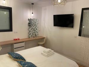 ブーグネにあるLa Maison Blancheのベッド1台と壁掛けテレビが備わる客室です。