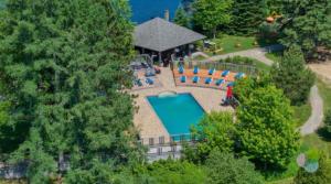 an aerial view of a swimming pool with chairs and trees at Tremblant Naturo-Spa, LAC, PISCINE, TENNIS, GYM in Lac-Superieur