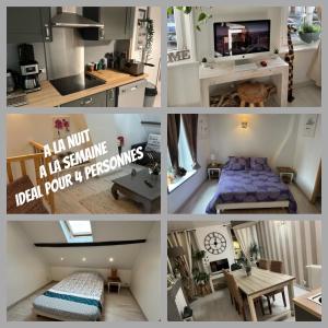 a collage of pictures of a kitchen and a bedroom at maison 4 personnes tout confort alentours boulogne sur mer in Samer