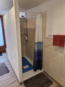 a shower in a bathroom with a shower curtain at Ferienhaus Heimes in Klotten +42 photos