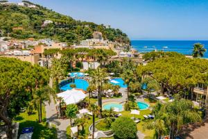 widok z lotu ptaka na ośrodek z basenem i oceanem w obiekcie La Reginella Resort & Spa w mieście Ischia