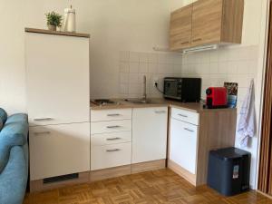 a kitchen with white cabinets and a microwave at Waldglück in Wolfshagen +22 photos