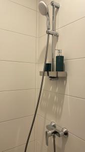 La salle de bains est pourvue d'une douche et d'un micro-ondes. dans l'établissement Mini Wind Apartment, à Liepāja