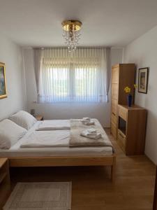 a bedroom with a bed and a chandelier at Anamarija Apartments in Ličko Petrovo Selo