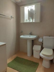 a bathroom with a sink and a toilet and a mirror at Artan`s garden house in Kalyves Poligirou