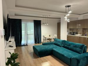 普雷代亚尔HAPPY SUMMER -Predeal的带绿色沙发的客厅和厨房