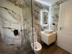 a bathroom with a shower and a toilet and a sink at Hotel Vila Ami in Tragjas +38 photos
