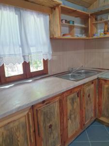 a kitchen with a sink and a window at Bujtina Peshtan Guesthouse&Camping in Tepelenë