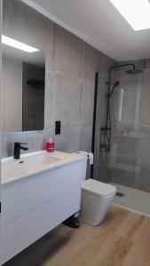 a bathroom with a sink and a toilet and a mirror at Valdoviño Experience in Valdoviño +19 photos