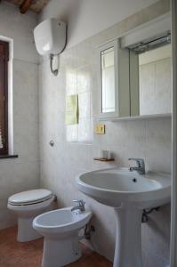 łazienka z umywalką, toaletą i lustrem w obiekcie Agriturismo "La Fraschetta" w mieście Bolsena