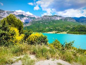 a view of a lake with mountains in the background at Le King & Suites étoilées in Gréoux-les-Bains