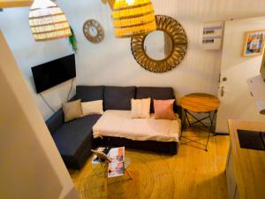 a living room with a couch and a mirror at Le King & Suites étoilées in Gréoux-les-Bains