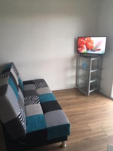 ein Wohnzimmer mit Sofa und Fernseher in der Unterkunft Beau studio appart meublé à La Suze Dispo septembre 2025 in La Suze-sur-Sarthe