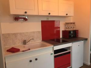 eine kleine Küche mit Spüle und Mikrowelle in der Unterkunft Beau studio appart meublé à La Suze Dispo septembre 2025 in La Suze-sur-Sarthe + 4 Fotos