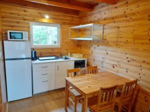 a kitchen with a white refrigerator and a wooden table at Chłopy Domki u Jacola in Chłopy +17 photos