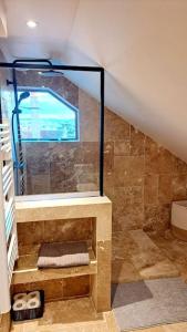 ein Badezimmer mit Dusche mit Glasfenster in der Unterkunft Coup de Cœur D'Auxerre in Auxerre + 23 Fotos
