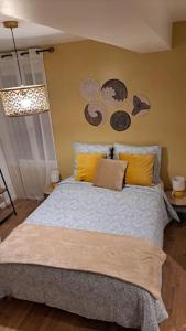 ein Schlafzimmer mit einem Bett mit gelben und blauen Kissen in der Unterkunft Coup de Cœur D'Auxerre in Auxerre