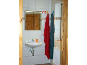 a bathroom with a sink and a mirror at Morning sun Comfortable holiday residence in Westerstede