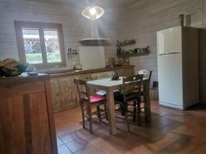a kitchen with a table and chairs and a refrigerator at Maison chaleureuse en Ariège in Roquefort-les-Cascades