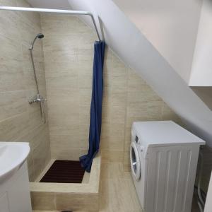 a shower with a blue shower curtain in a bathroom at Bordeaux in Sângeorgiu de Mureș +7 photos