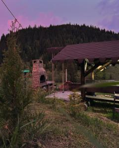 a picnic shelter with a stone oven in a field at Cabana Stânceni in Drăgoiasa