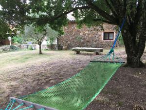 a green hammock hanging from a tree next to a bench at Au cœur du jardin in Souvigné