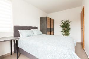 een slaapkamer met een bed en een plant erin bij New Apartment in Vrnjačka Banja