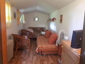 a living room with a couch and a tv at Domek nad jeziorem in Wąchabno
