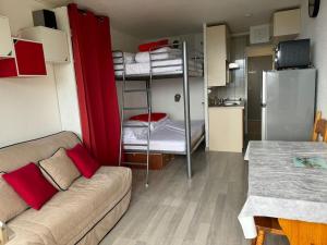 a living room with a couch and two bunk beds at Studio montagne in Villarembert